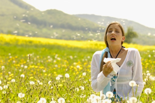 Woman sneezing with tissue in meadow hayfever